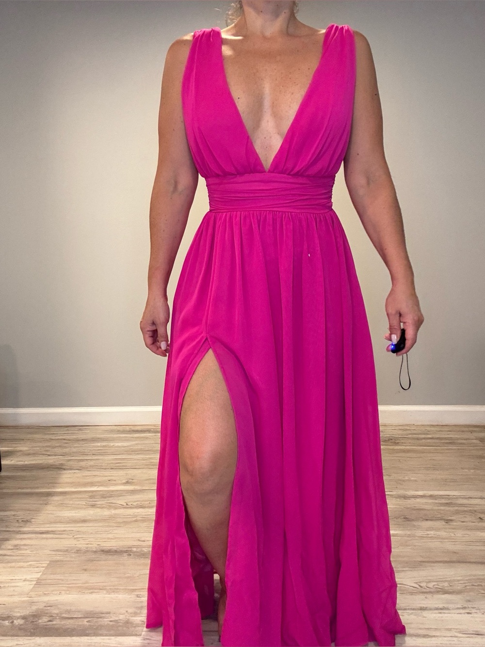 Speechless Hot Pink Plunging V-Neck Formal Gown with High Slit
